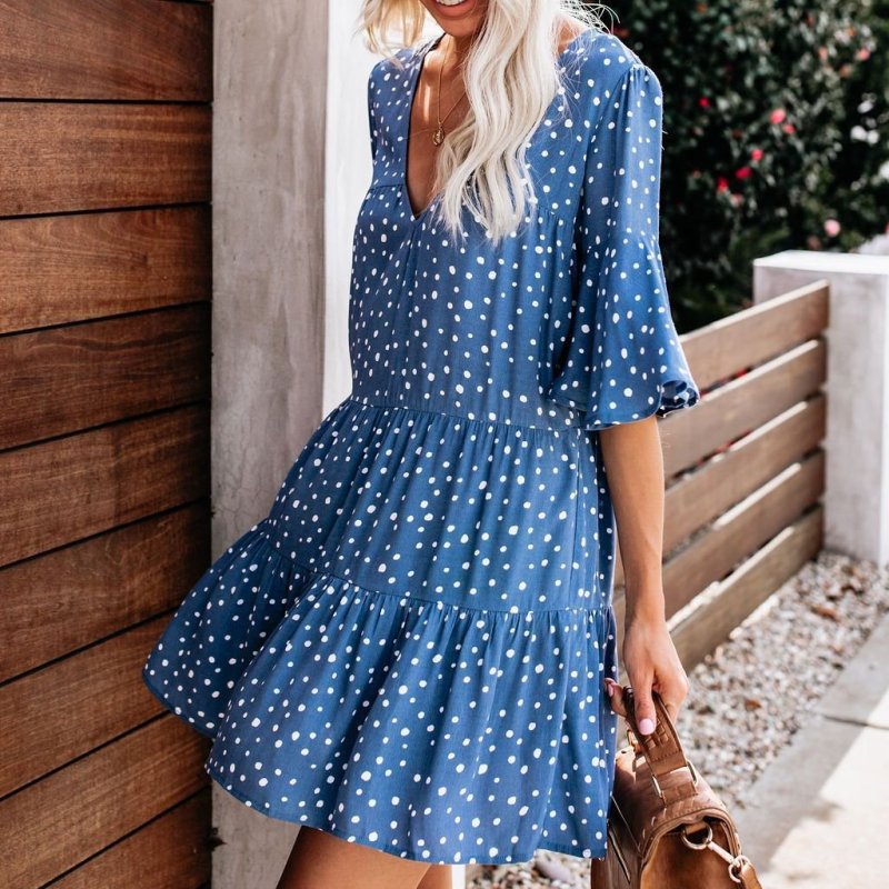 Summer Deep V-Neck Polka Dot Printed Wrinkle Dress