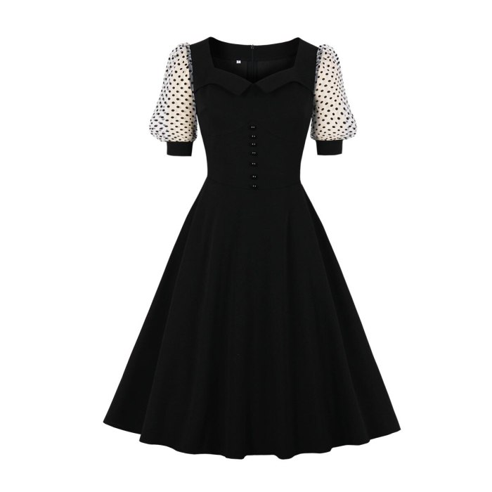 Puff Sleeve Short Black Party Swing Dress 50s 60s Retro Slim Fit Office Sundress V Neck Button Front Gothic Rockabilly Dresses