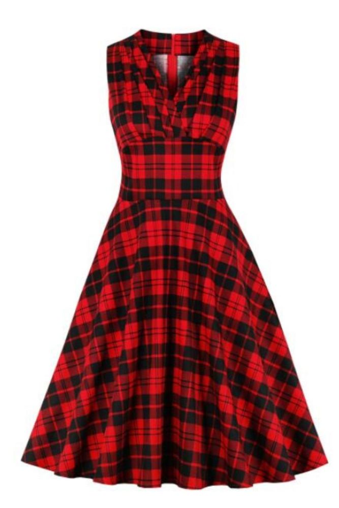 Tonval Women High Waist Red Plaid Vintage Ruched A Line Dress Female Sleeveless V-Neck Wrap Elegant Midi Dresses