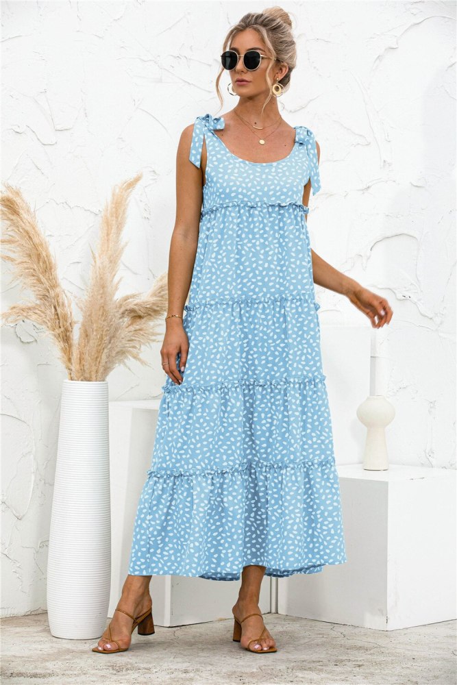 Ball Gown Women's Summer Long Dress Spotted Print Lace Tank Collar Sundress Robe Longue Femme Maxi Dress Casual Vestidos