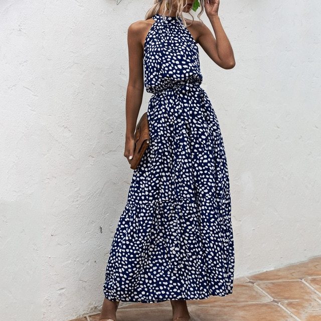 Summer Elegant Sexy Long Dress Women 2020 Fashion Print Flowers Polka-dot Strap Ladies Halter Boho Dress Cotton Vestidos Clothes