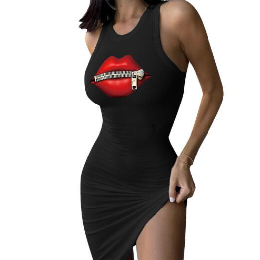Sexy Lips Print Skinny Shirt Top Lady Sleeveless O Neck Slim Fit T-shirt Black
