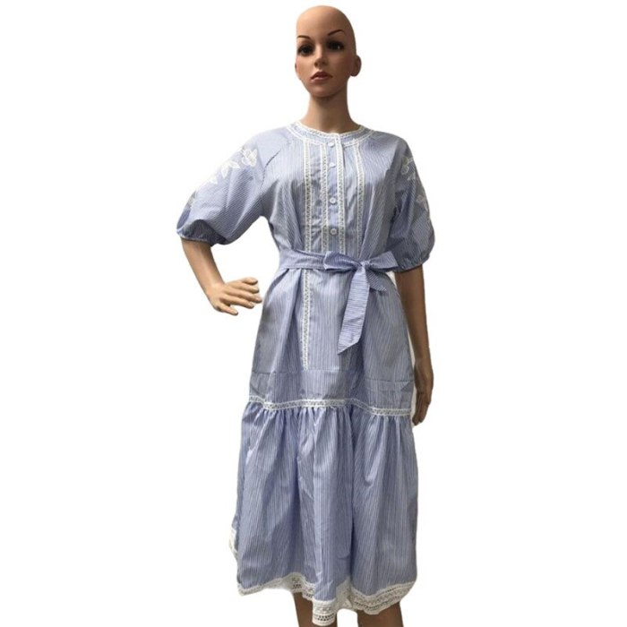 Women Fashion Stripe Puff Sleeve Dress Sweet Bandage Waist V- Neck Single Breasted Holiday Casual Blue Vestido S-XXL