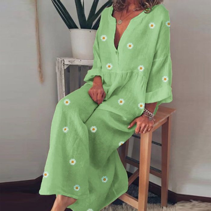 Women Dress Ladies Summer Fashion Casual Daisy Floral Print Long Sleeves Cotton V-Neck Loose Maxi Dress Plus Size