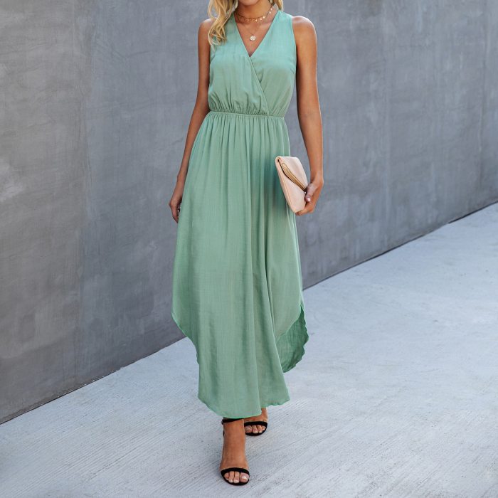 Fashion Solid Color Dress Summer Casual V-Neck Sleeveless Ankle-Length Dresses