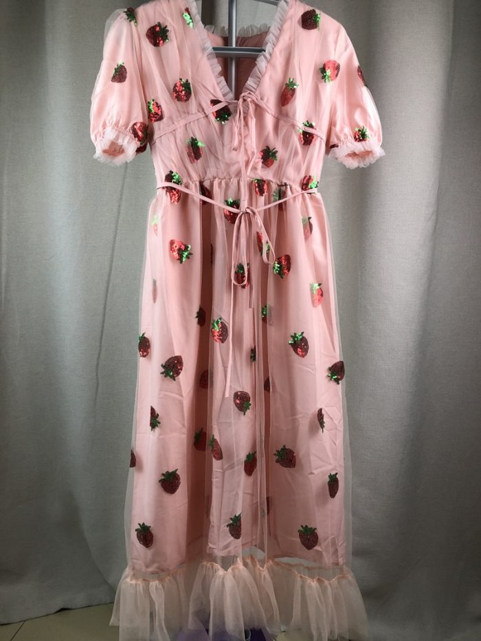 Sweet Strawberry Sequined Embroidery Cascading Ruffle Maxi Dress Women Summer V-neck Puff Sleeve Bow Pink Tulle Mesh Long Dress