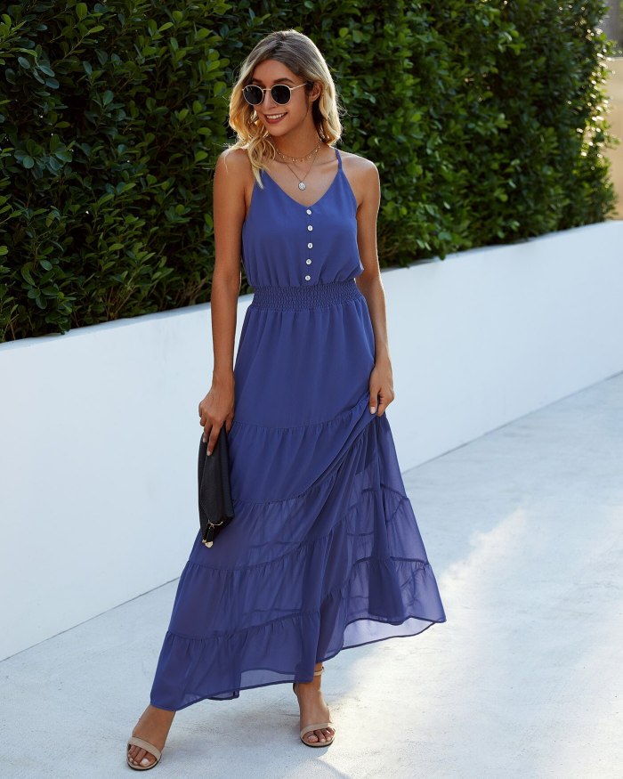 Solid Color Elegant Women Maxi Chiffon Long Dress Summer Fashion Spaghetti Strap Button Boho Dresses