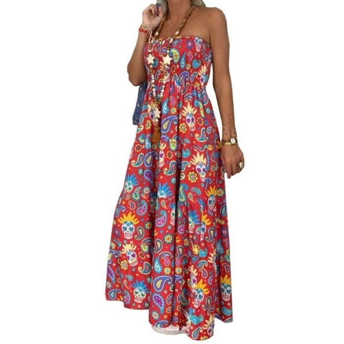2021 Summer Womens Strapless Bandeau Long Maxi Dress Floral Print Beach Boho Tube Sundress Sexy Sleeveless Backless Dresses Fema