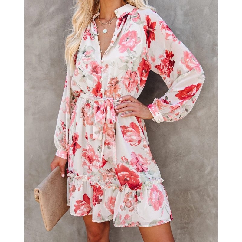 OL Elegant Ruffle Floral Dress Long Sleeve Mini High Waisted A Line Women's Dresses with Belt Summer Bodycon Casual Clothing