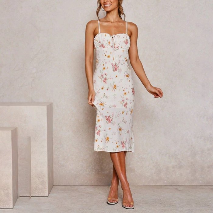 Fashion Thin Shoulder Strap Lace Up Flower Print Dress