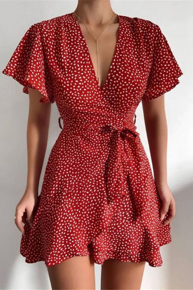 Summer Women Dress Butterfly Sleeve Polka Dot Floral Print V Neck High Waist Sashes Dress Vintage Female Mini Red Vestidos 2021