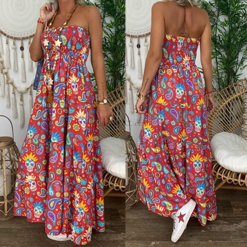 2021 Summer Womens Strapless Bandeau Long Maxi Dress Floral Print Beach Boho Tube Sundress Sexy Sleeveless Backless Dresses Fema