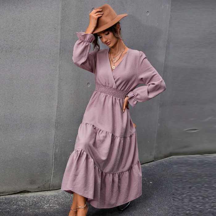 Spring Bohemian Holiday Dress Autumn 2021 New Temperament V-Neck Drawstring Waist Long Fashion Sundress + Tunic Dress