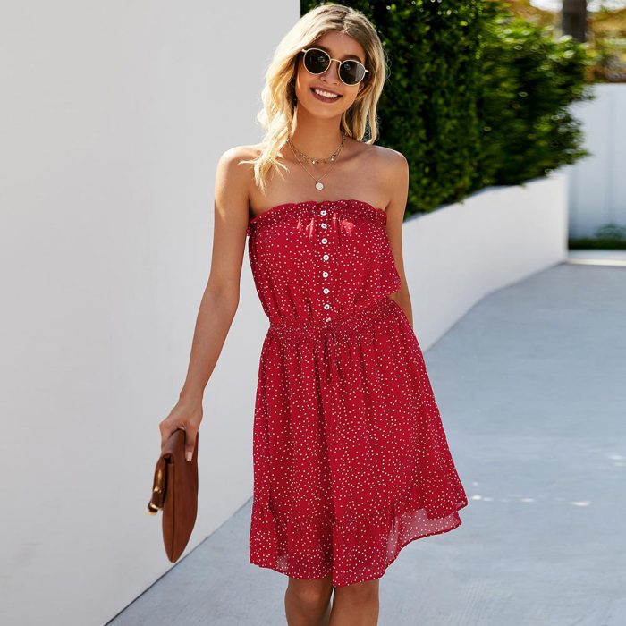 2021 Boho Sleeveless Short Dress Women Summer Sexy Slash Neck Casual Buttons Dot Print Ladies Beach Dress Vestidos