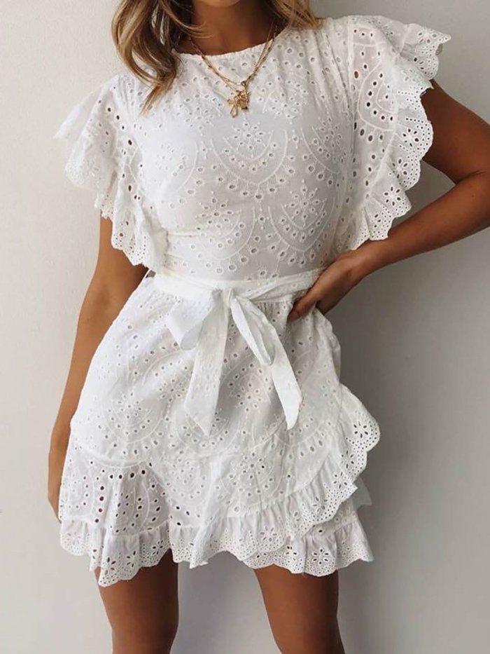 Elegant Ruffled Splicing Hollow See-Through Out Dress