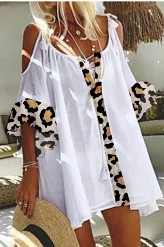 Summer Women's Leopard Print Tops Casual Loose Off-shoulder Large Size Top T-shirt Fashion Trend Solid Color Midi Sleeve Tops