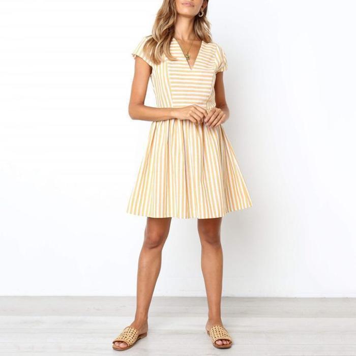 V-Neck Short-Sleeved Fashion Stitching Striped Dress