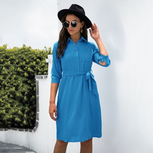 Women Dresses New Arrival 2021 Fall 3/4 Long Sleeve Single Breasted Shirt Dress Elegant Ladies Formal Work Dress Blue Black Navy