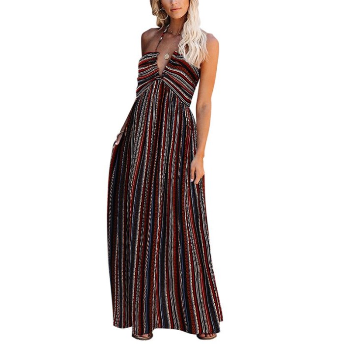 Women's Dresses Halter Strap V Neck Sling Floral Print Long Dress Bohemian Style Sleeveless Striped Elegant Beach Maxi Dress