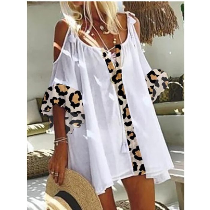 Summer Women's Leopard Print Tops Casual Loose Off-shoulder Large Size Top T-shirt Fashion Trend Solid Color Midi Sleeve Tops