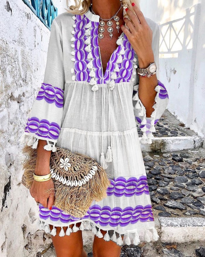 Women's Bohemian Tassel Flare Sleeve Dress