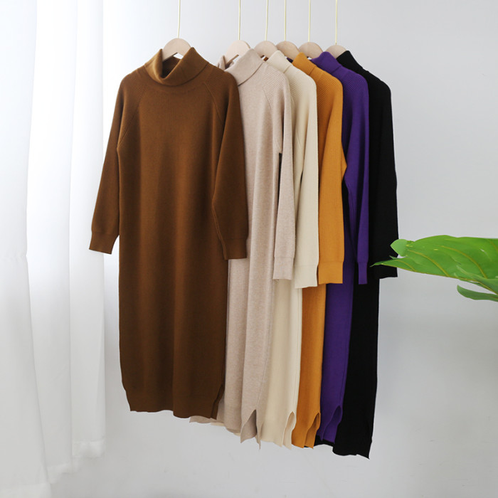 Solid Knitted Long Dress Turtleneck Long Sleeve Sweater Dress