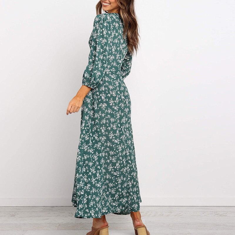 Elegant V Neck Wrist Sleeve Buttons Autumn Women Vintage Printed Long Dress A-Line Ankle-Length 2021 New Casual Dresses Vestido