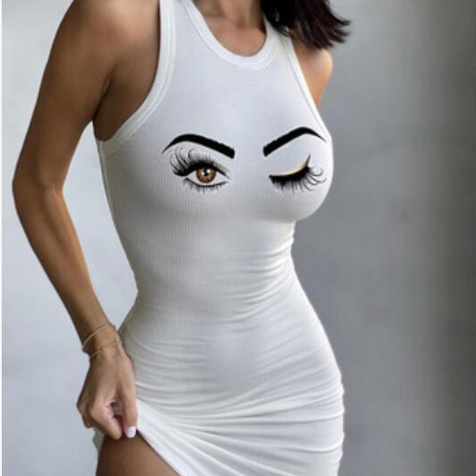 Sexy Sling Eye Print Slim Waist Dress Women Summer Sleeveless Round Neck Elastic Casual Ladies Mini Bodycon Vestido 2021