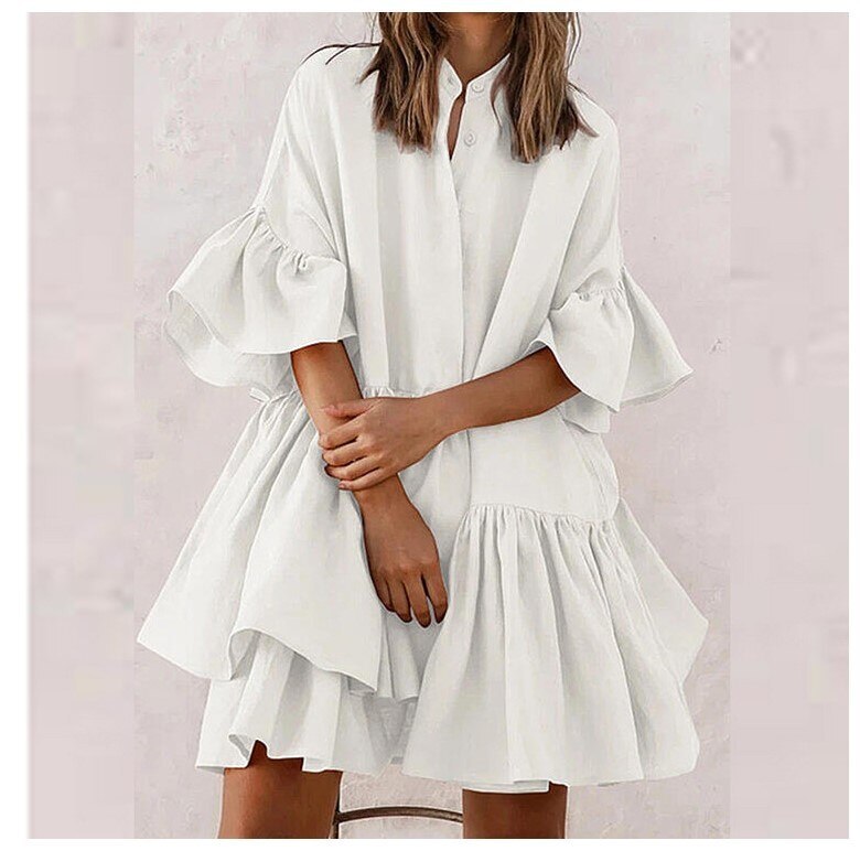 Women Ruffles Mini Dress Plus Size Sexy O-neck Half Sleeve Casual Loose Shirt Dress summer Solid Pleated Vestidos