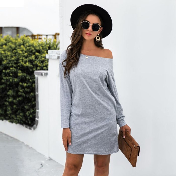 Off One Shoulder Long Sleeve Dress Women Fall 2021 New Casual T-Shirt Dresses Vestidos Mujer Solid Color Womans Clothing