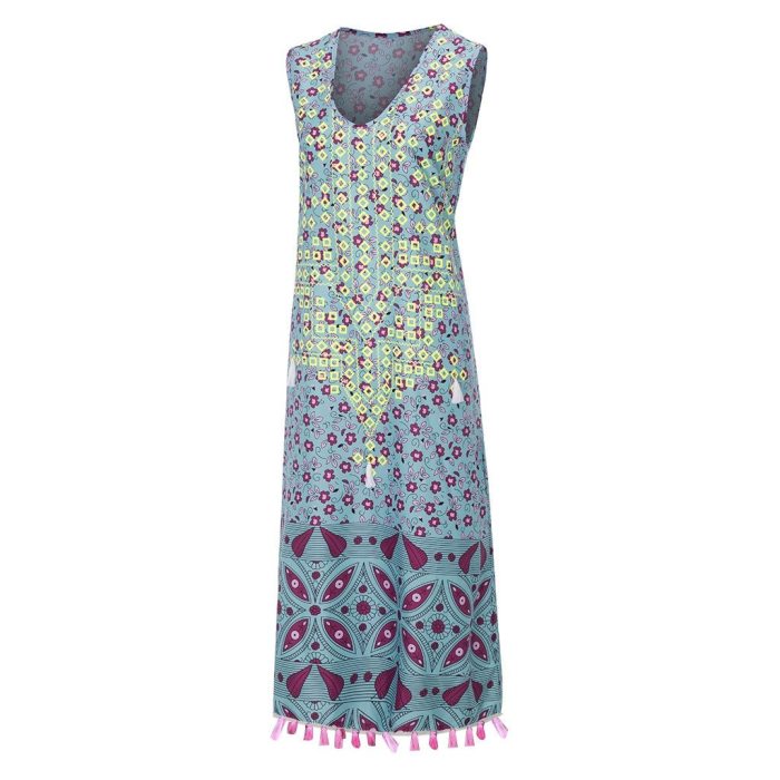 Bohemian Long Dress Women Vintage Printed Stitching V-neck Tassel Sleeveless Dresses Women Casual Summer Beach Dress