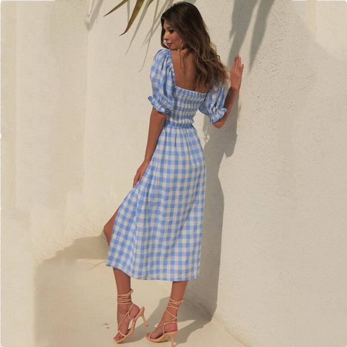 Summer Dress Women Clothing Split Dresses Femme Robes Women's Plaid Printed Short Sleeve Square Neck Dress For Women Vestidos