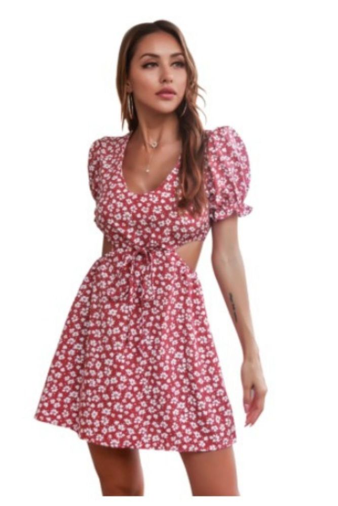Mini Dresses for Women 2022 Hollow Out Floral Print Lace Up Beach Dress Sexy Casual Vintage Boho Puff Sleeve Sundress