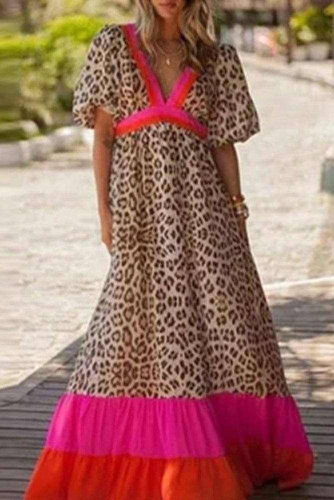 Summer Casual Leopard Print Loose Long Dress Sexy Deep V Neck Beach Party Dresses Elegant Women Short Sleeve Maxi Dress Vestidos