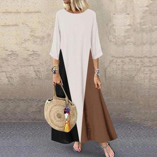Chic Round Neck 3/4 Sleeve Loose Color Block Maxi Dress
