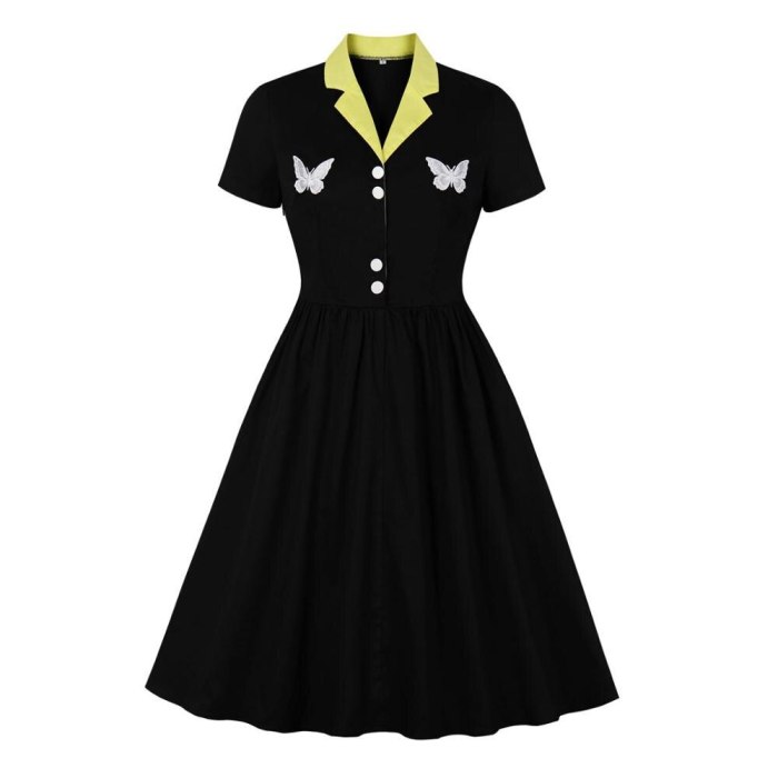 2021 New Short Sleeve 50s 60s Swing Retro Vintage Dress Elegant Women Ladies Butterfly Embroidery Black Dress