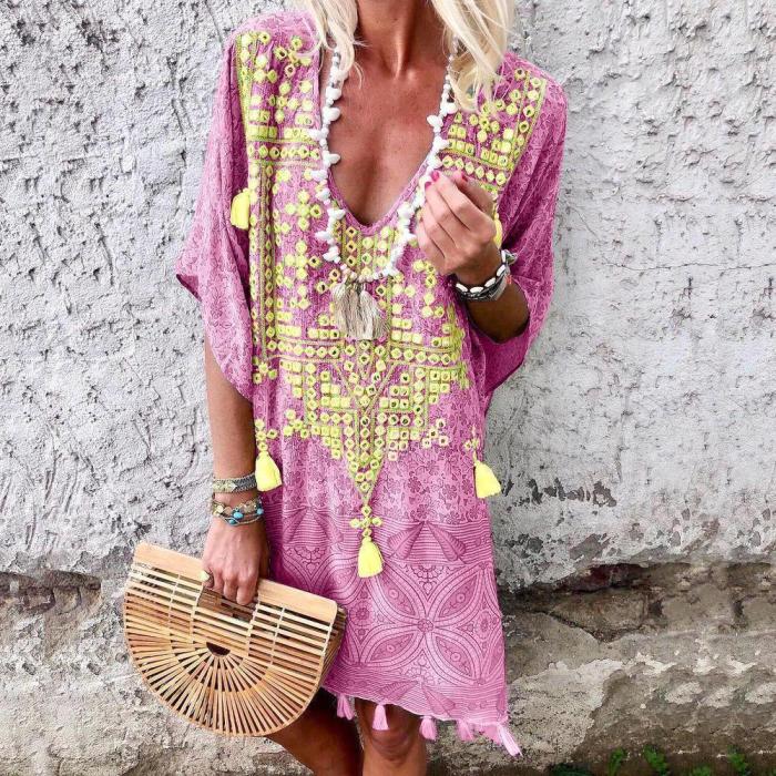 Floral Tassel Printed Casual Above Knee Shift Dress