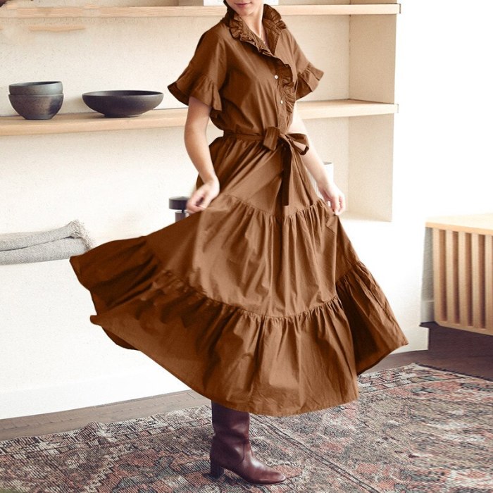 Shirt Dress Women French Ruffled Short Sleeves High Waist Turn-down Collar Ankle-Length A-LINE Big Swing Maxi Dress
