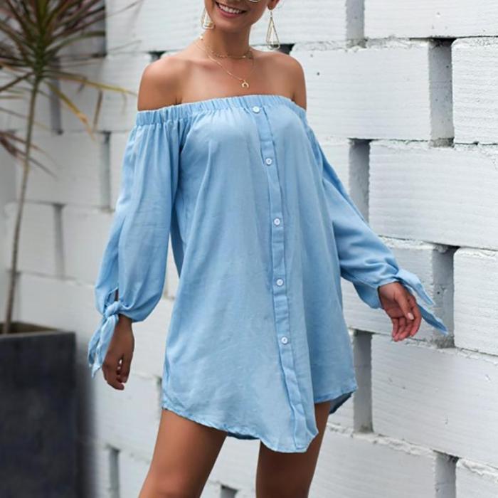Brief Boat Neck Long Sleeve Pure Color Casual Dresses