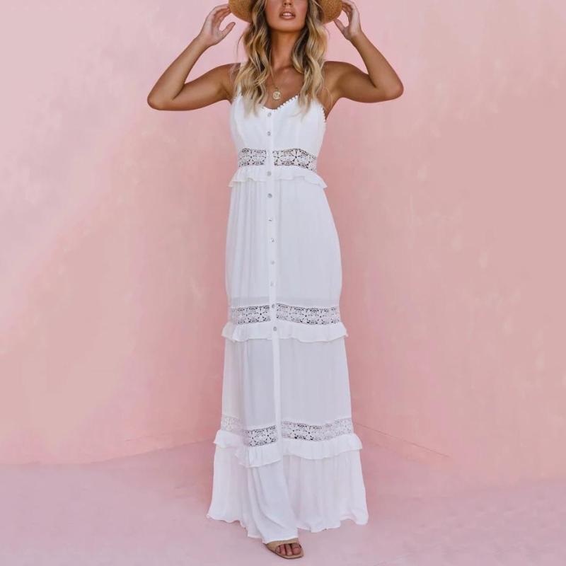 Vacation Pure Color Lace Cutout Maxi Dress