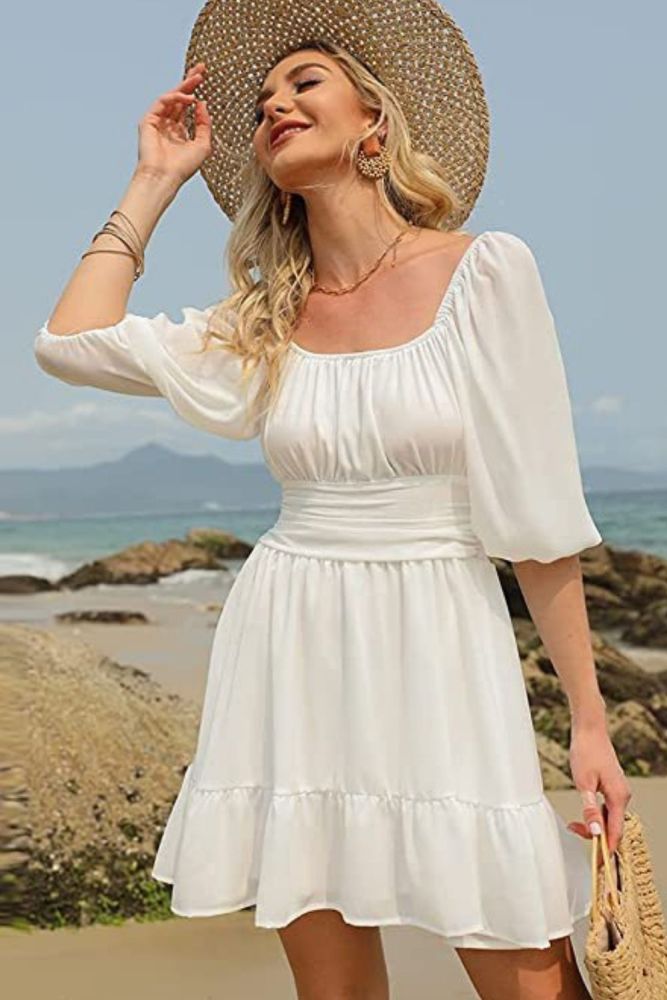 Sunmmer Square Collar Dress Women Solid Casual Dress Half Sleeve A Line Dress Back Lace Up Female Holiday Party Vestidos 2021