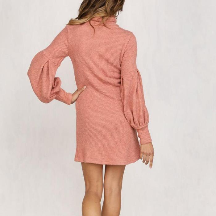Solid Color Puff Sleeve Sexy Mini Dress