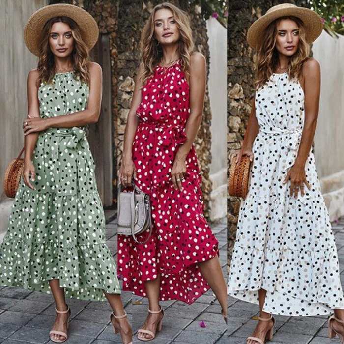 Women Summer Dress Boho Woman Linen Tunic Long Spaghetti Strap Sashes Lace Dot Polyester Loose Womens Clothing Dresses Summer