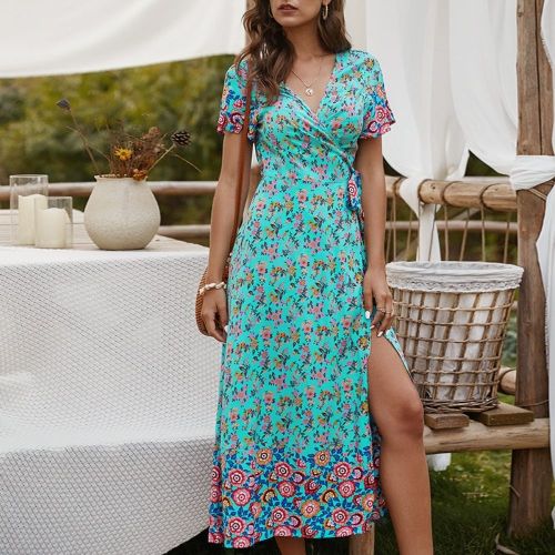 Dress Women Summer Sexy V-neck Wrap High Slit Casual Dress Elegant Fashion Flower Print Wrap Long Slit Dress