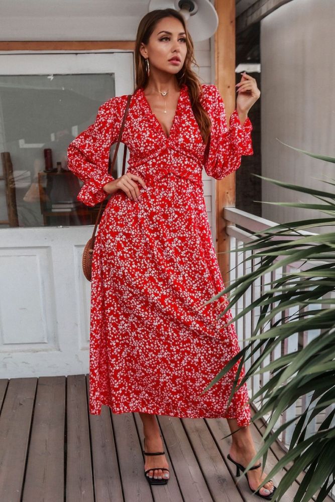 Spring Fall Elegant Women Dress Sexy Deep V-Neck Fashion Floral Ruffle Long Sleeve Midi Dresses Casual Boho Beach Robe Femme