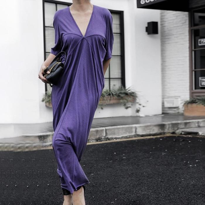 Fashion V-neck Solid Color Casual Maxi Dress