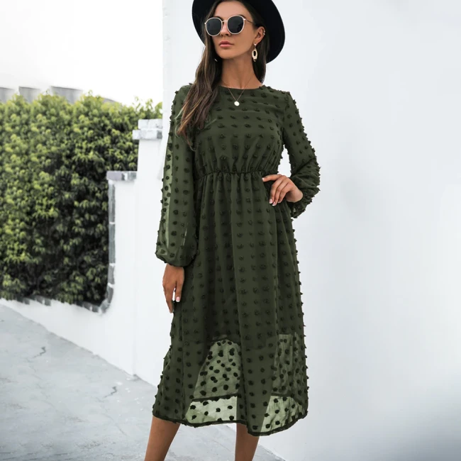 Fashion O-neck Long Sleeve Office Elegant Casual Chiffon Party Vintage Midi Dresses