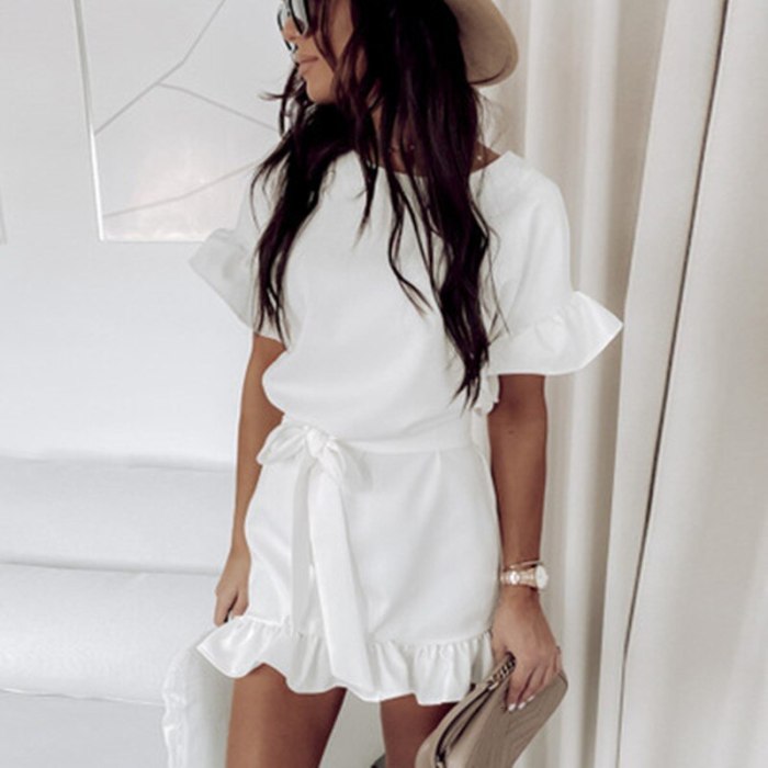Women Summer Dress Ruffles Fashion Casual Short-Sleeved Butterfly Sleeve Dress At Home Out Belt o Neck Loose Ladies Dress