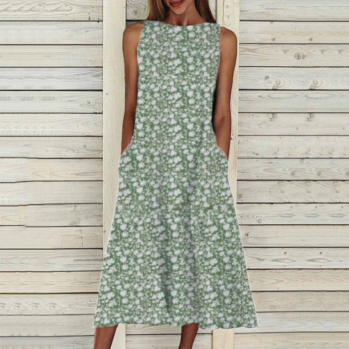 Vintage Floral Printed A-Line Big Swing Pocket Maxi Dress Summer Short Sleeve Party Dress Casual Dresses