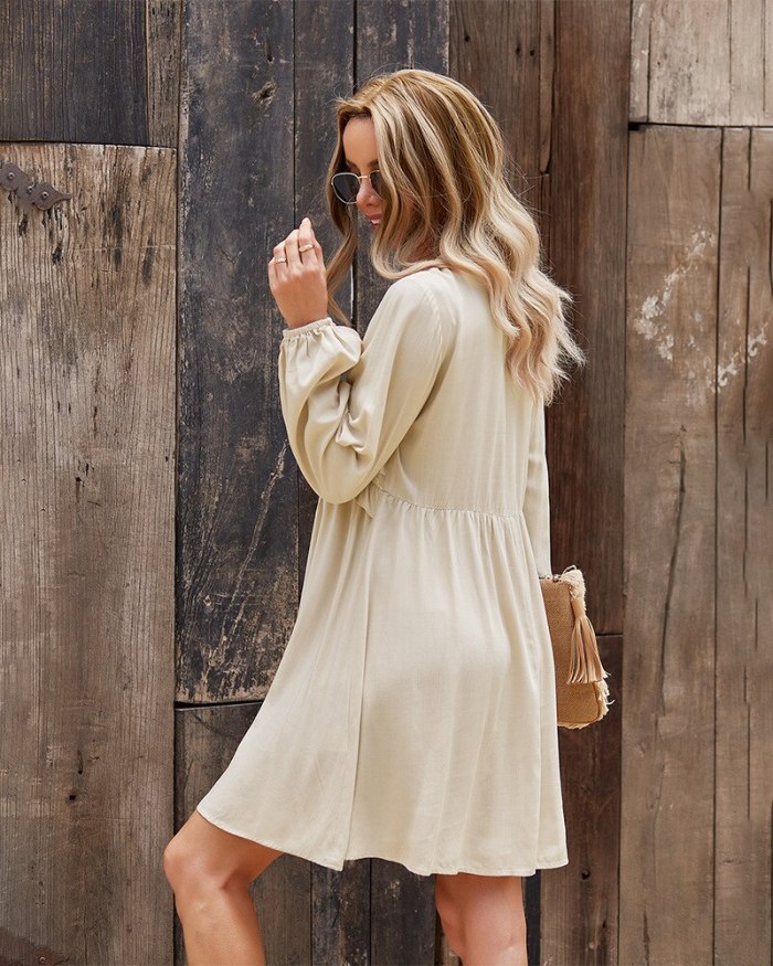 2021 Spring Summer Fashion Casual Chic Sexy Womne's Dress Ruffles V Neck Long Sleeve High Waist Solid Ladies Dress